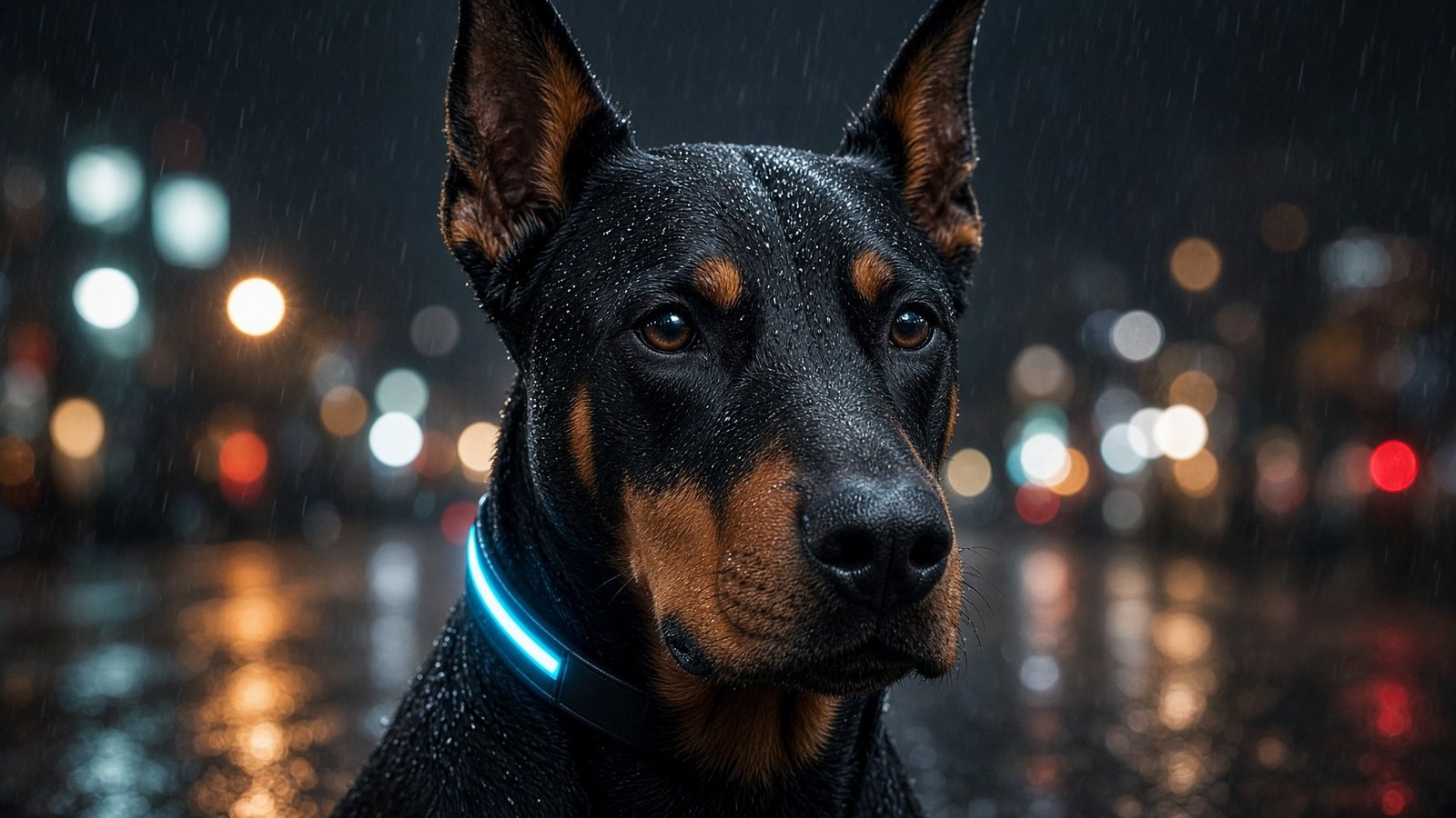Doberman with cyan collar on wet asphalt, night city bokeh