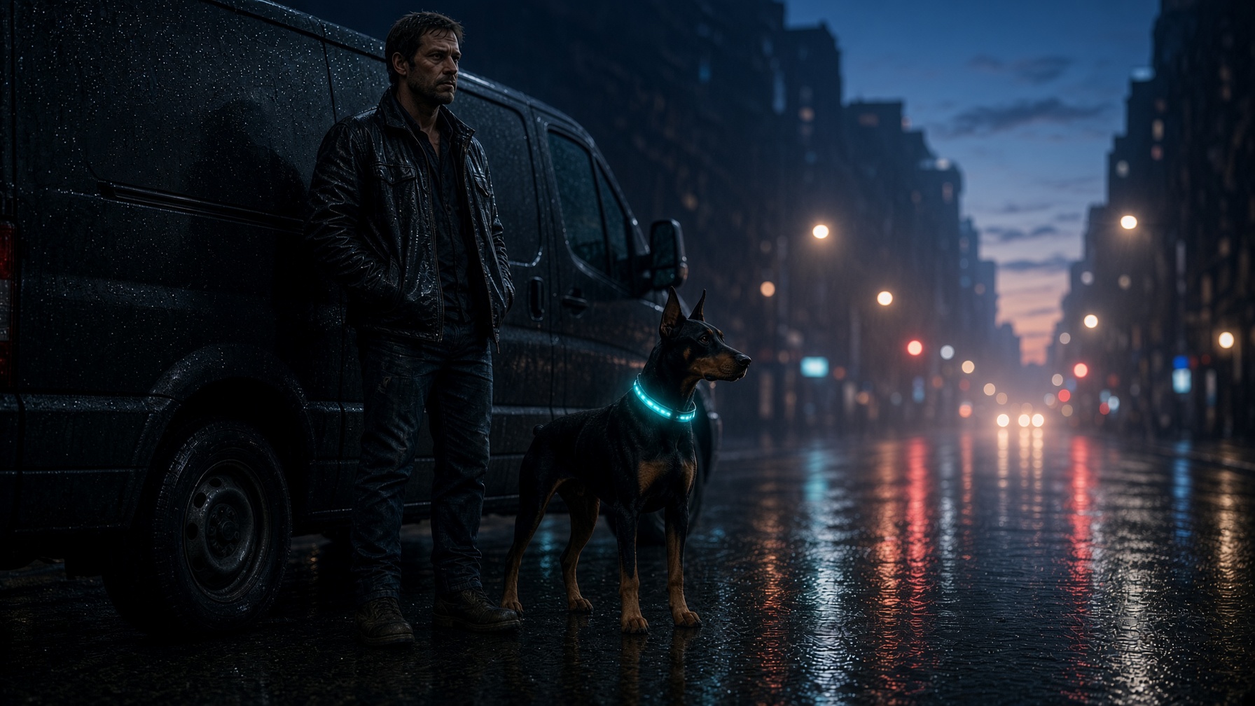 Dawn after the hunt — house operator, Doberman, and van on a wet Chicago street as the city wakes