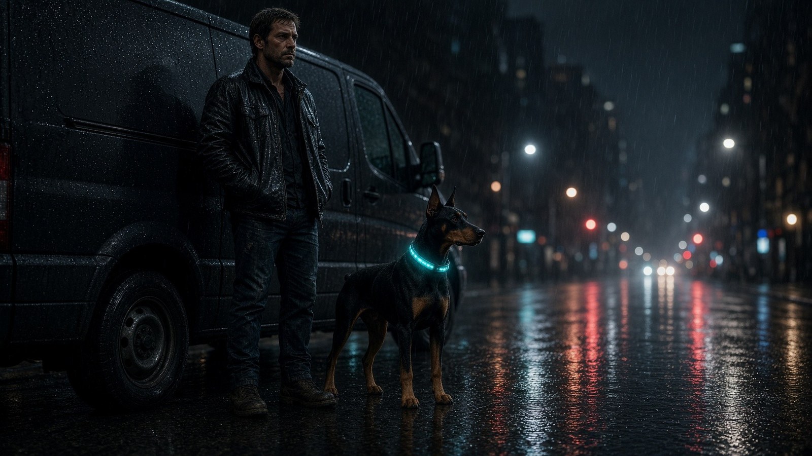 House operator and Doberman with cyan collar beside a van on a wet night street