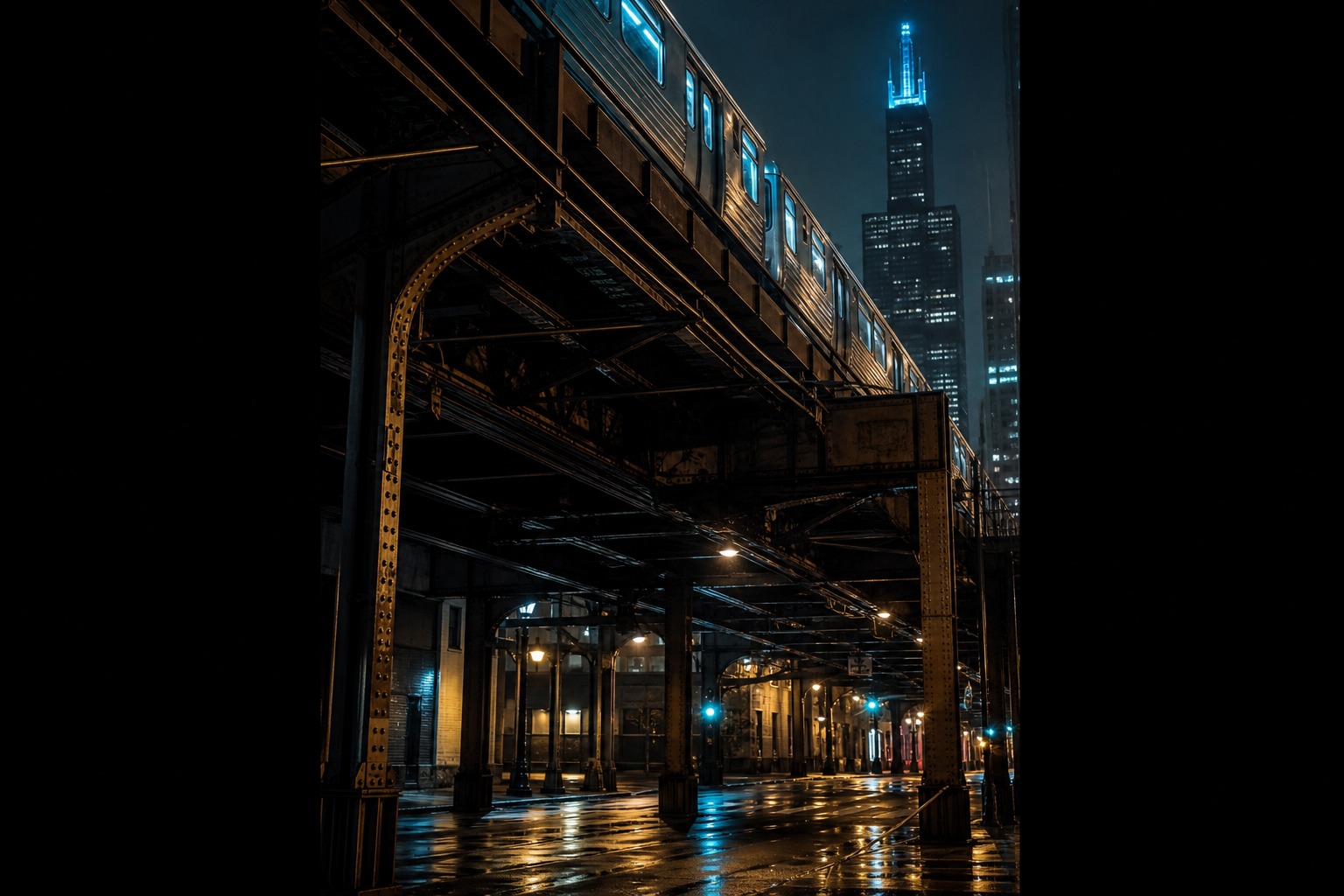 Elevated train and wet Chicago street under the L at night