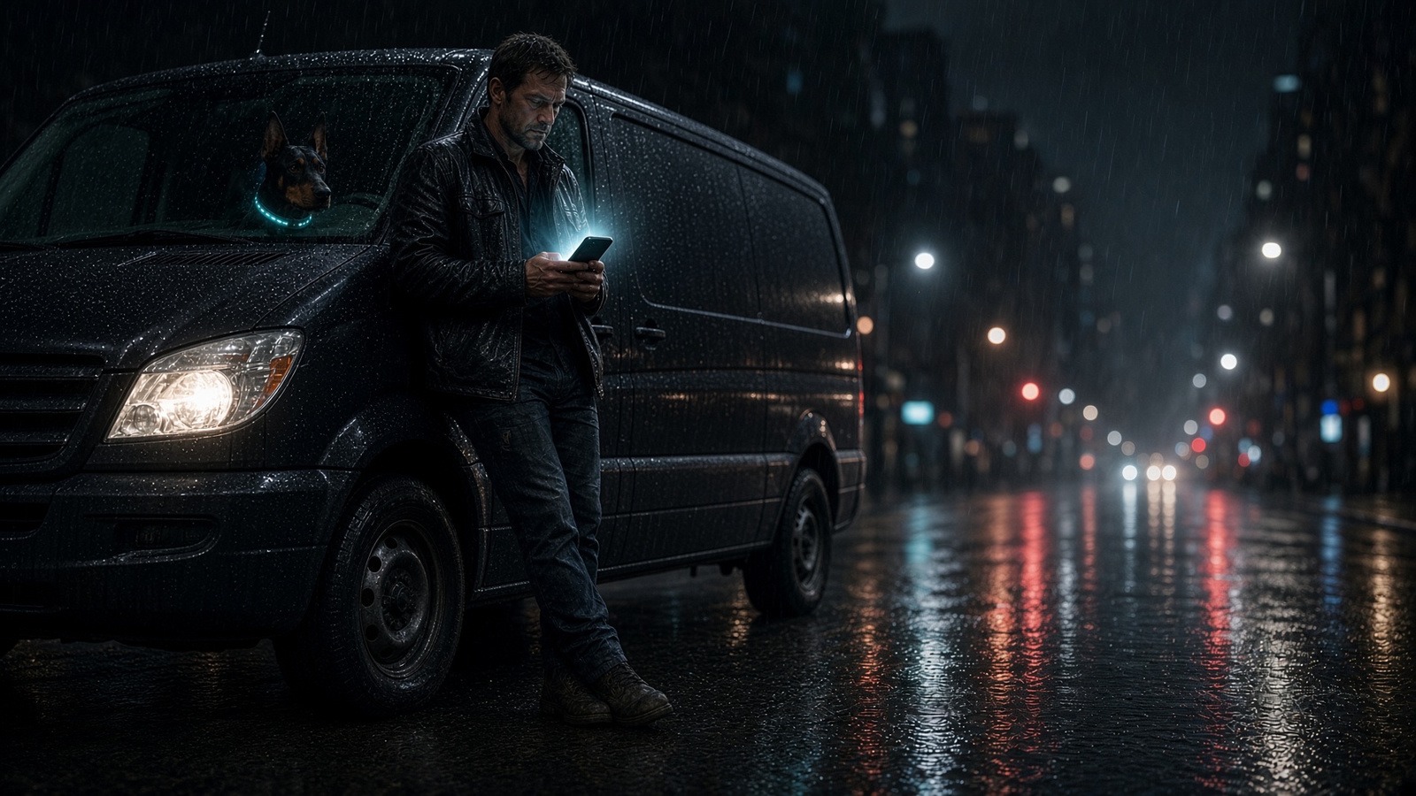 Cast walk beat — phone by the van, dog inside