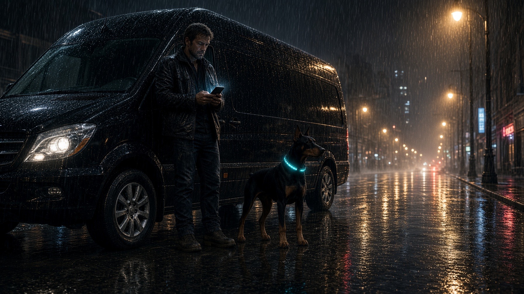 House operator with phone by the van — a system that brings work in